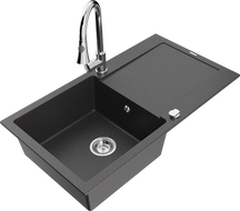 Mexen Leo granitový dřez 1-komorový s odkapávačem a kuchyňskou baterií Elia, černý kropenatý - 6501-76-670101-00