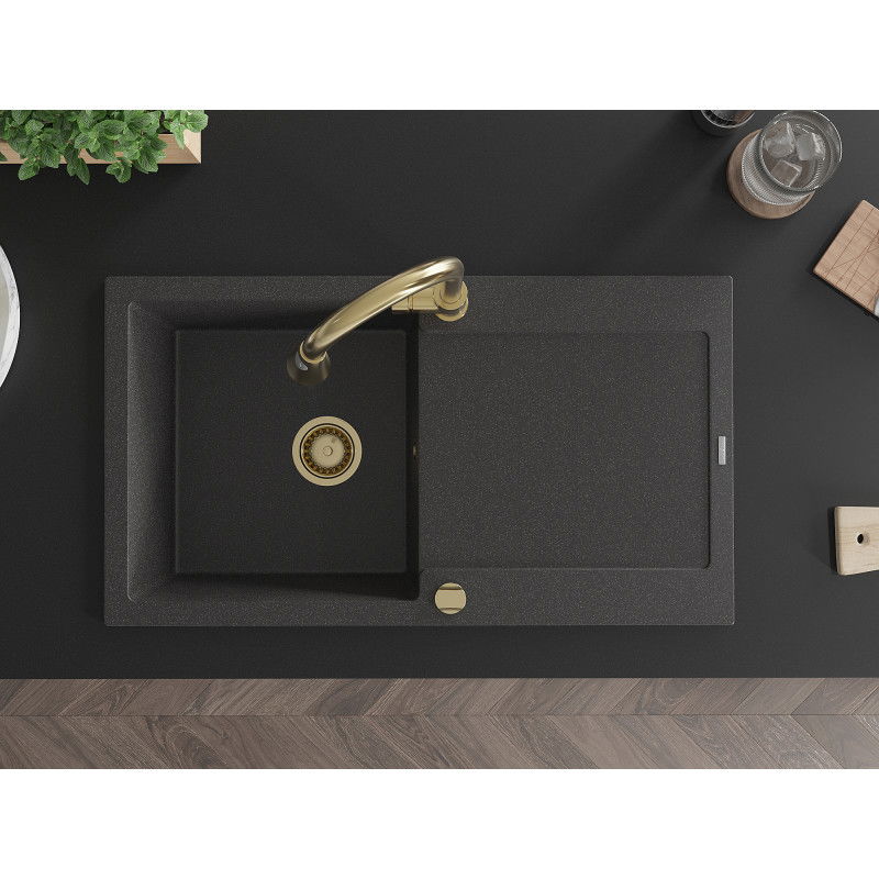 Mexen Leo granitový jednodřez s odkapávačem a kuchyňskou baterií Elia, černý skvrnitý - 6501-76-670101-50
