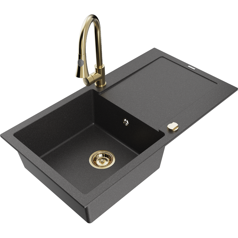 Mexen Leo granitový jednodřez s odkapávačem a kuchyňskou baterií Elia, černý skvrnitý - 6501-76-670101-50