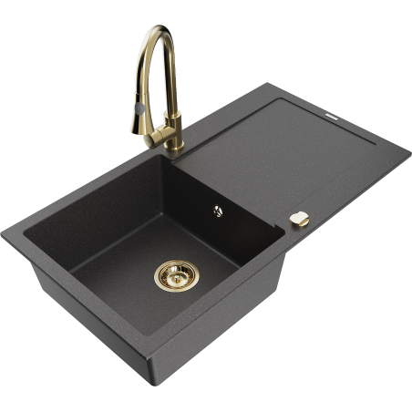 Mexen Leo granitový jednodřez s odkapávačem a kuchyňskou baterií Elia, černý skvrnitý - 6501-76-670101-50