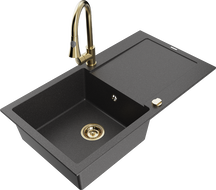 Mexen Leo granitový jednodřez s odkapávačem a kuchyňskou baterií Elia, černý skvrnitý - 6501-76-670101-50