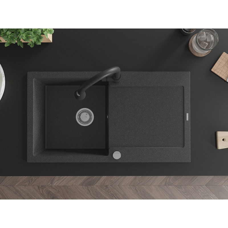 Mexen Leo granitový dřez 1-komorový s odkapávačem a kuchyňskou baterií Elia, černý skvrnitý - 6501-76-670101-70