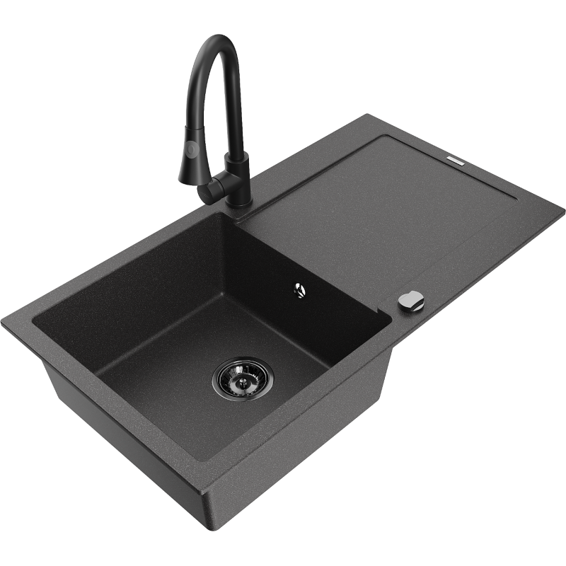 Mexen Leo žulový dřez s 1 komorou s odkapávačem a kuchyňskou baterií Elia, černý skvrnitý - 6501-76-670101-70-B