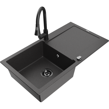 Mexen Leo žulový dřez s 1 komorou s odkapávačem a kuchyňskou baterií Elia, černý skvrnitý - 6501-76-670101-70-B