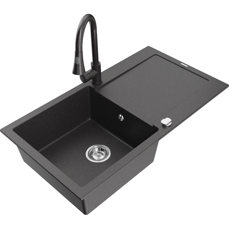 Mexen Leo granitový dřez 1-komorový s odkapávačem a kuchyňskou baterií Elia, černý skvrnitý - 6501-76-670101-76