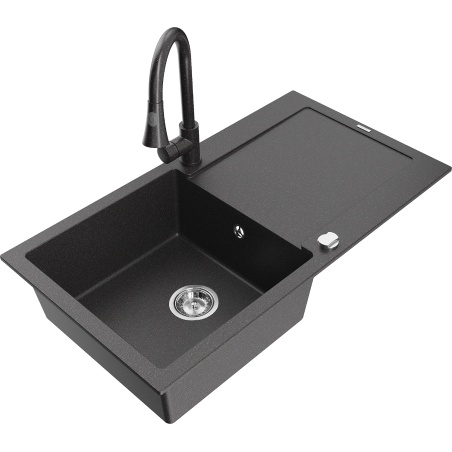 Mexen Leo granitový dřez 1-komorový s odkapávačem a kuchyňskou baterií Elia, černý skvrnitý - 6501-76-670101-76