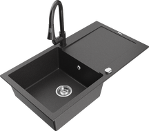 Mexen Leo granitový dřez 1-komorový s odkapávačem a kuchyňskou baterií Elia, černý skvrnitý - 6501-76-670101-76