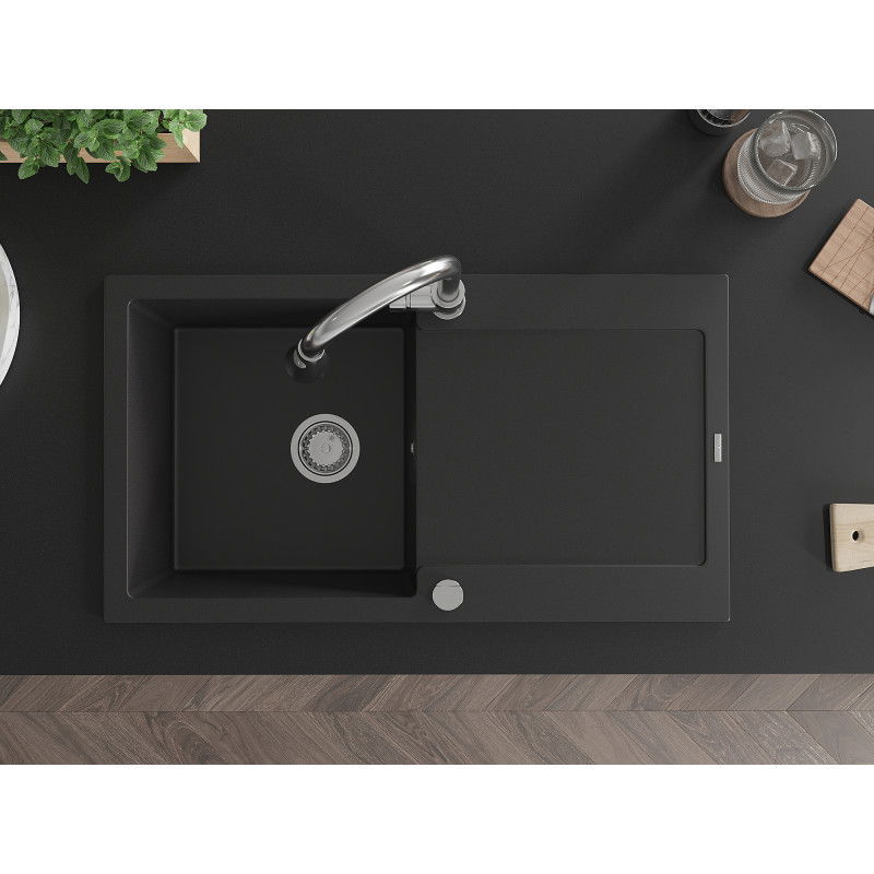 Mexen Leo granitový dřez 1-komorový s odkapávačem a kuchyňskou baterií Elia, černý - 6501-77-670101-00