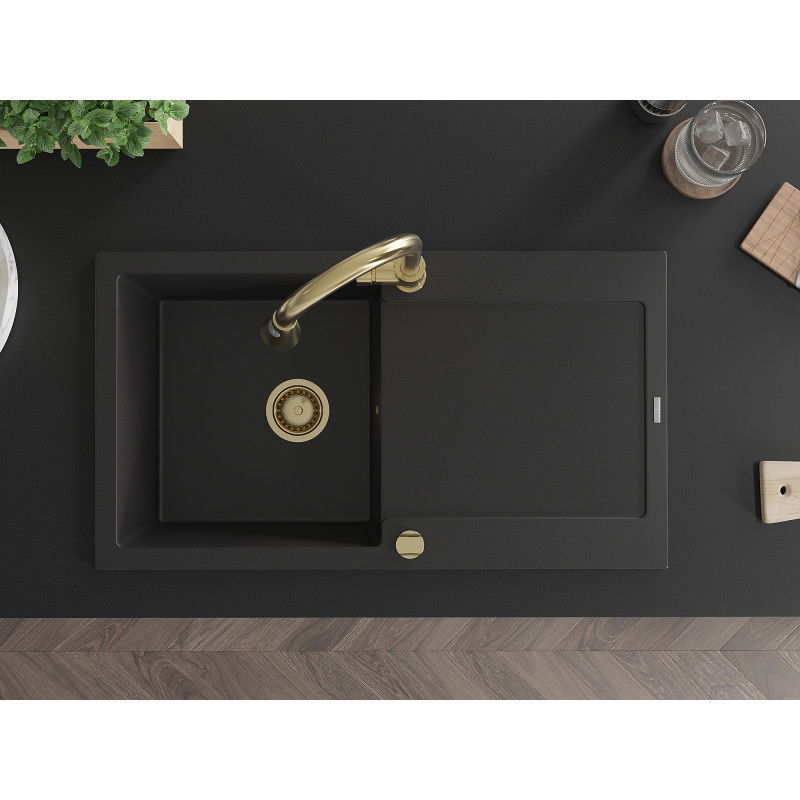 Mexen Leo granitový dřez s 1 komorou, odkapávačem a kuchyňskou baterií Elia, černý - 6501-77-670101-50