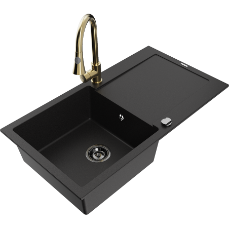 Mexen Leo granitový dřez 1-komorový s odkapávačem a kuchyňskou baterií Elia, černý - 6501-77-670101-50-B