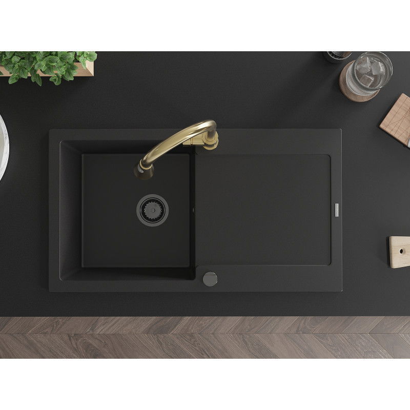 Mexen Leo granitový dřez 1-komorový s odkapávačem a kuchyňskou baterií Elia, černý - 6501-77-670101-50-B