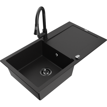 Mexen Leo granitový dřez 1-komorový s odkapávačem a kuchyňskou baterií Elia, černý - 6501-77-670101-70-B