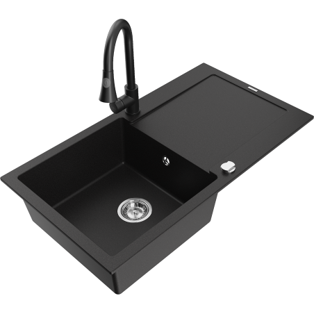 Mexen Leo 1-komorový žulový dřez s odkapávačem a kuchyňskou baterií Elia, černý - 6501-77-670101-70