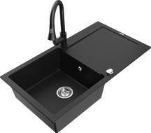 Mexen Leo 1-komorový žulový dřez s odkapávačem a kuchyňskou baterií Elia, černý - 6501-77-670101-70