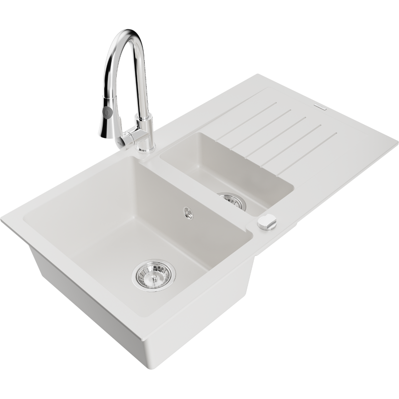 Mexen Matias granitový dřez 1,5-komorový s odkapávačem a kuchyňskou baterií Elia, bílý - 6502-20-670101-00