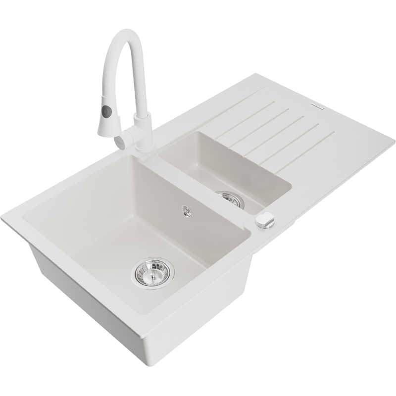 Mexen Matias granitový dřez 1,5-komorový s odkapávačem a kuchyňskou baterií Elia, bílý - 6502-20-670101-20