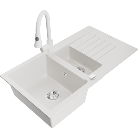Mexen Matias granitový dřez 1,5-komorový s odkapávačem a kuchyňskou baterií Elia, bílý - 6502-20-670101-20