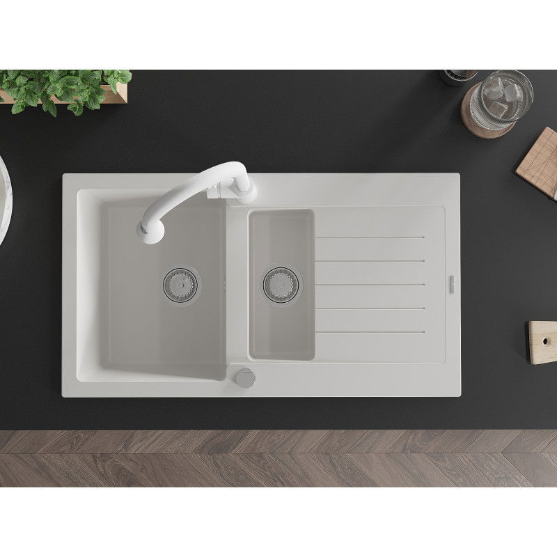 Mexen Matias granitový dřez 1,5-komorový s odkapávačem a kuchyňskou baterií Elia, bílý - 6502-20-670101-20