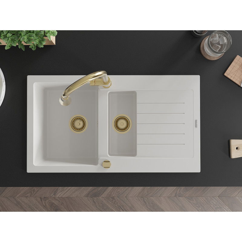 Mexen Matias granitový dřez 1,5-komorový s odkapávačem a kuchyňskou baterií Elia, bílý - 6502-20-670101-50