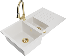 Mexen Matias granitový dřez 1,5-komorový s odkapávačem a kuchyňskou baterií Elia, bílý - 6502-20-670101-50