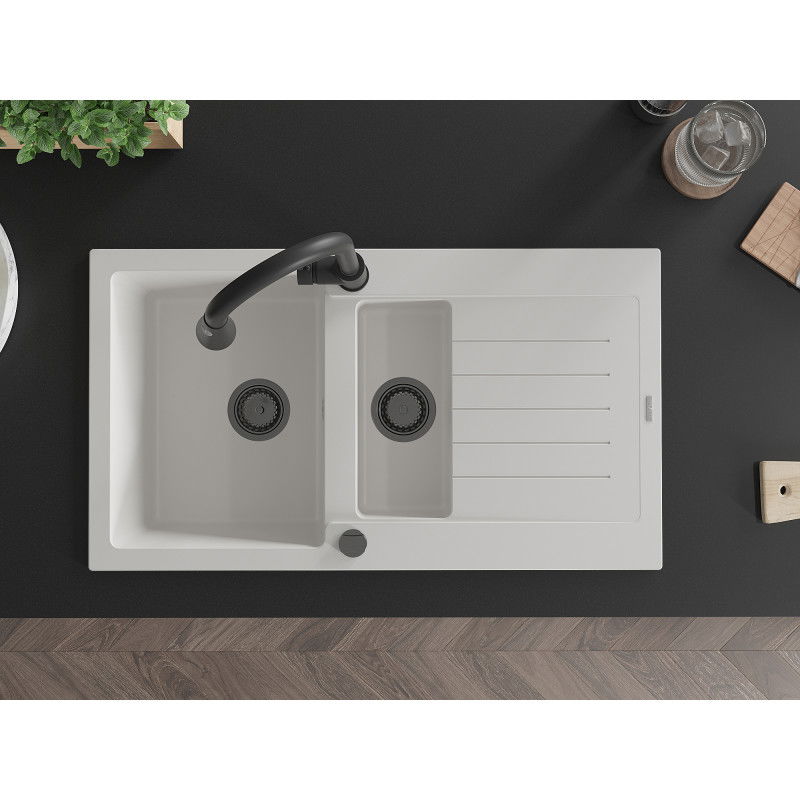 Mexen Matias granitový dřez 1,5-komorový s odkapávačem a kuchyňskou baterií Elia, bílý - 6502-20-670101-70
