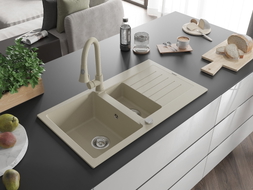 Mexen Matias granitový dřez 1,5-komorový s odkapávačem a kuchyňskou baterií Elia, béžový - 6502-69-670101-69