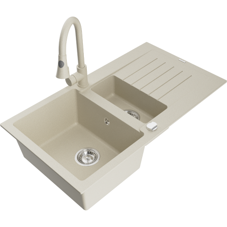 Mexen Matias žulový dřez 1,5-komorový s odkapávačem a kuchyňskou baterií Elia, béžový - 6502-69-670101-69