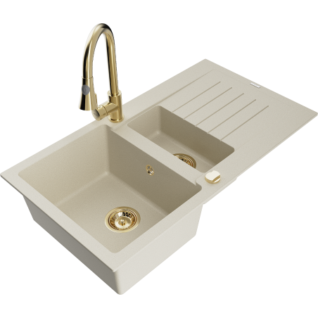 Mexen Matias granitový dřez 1,5-komorový s odkapávačem a kuchyňskou baterií Elia, béžový - 6502-69-670101-50