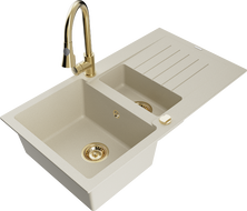 Mexen Matias granitový dřez 1,5-komorový s odkapávačem a kuchyňskou baterií Elia, béžový - 6502-69-670101-50