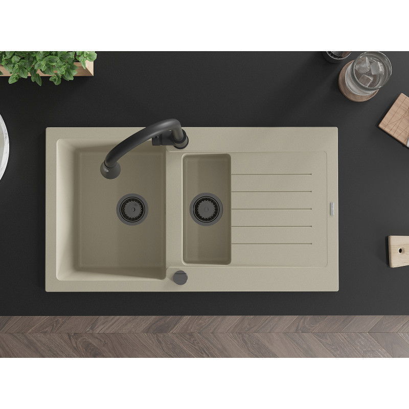 Mexen Matias granitový dřez 1,5-komorový s odkapávačem a kuchyňskou baterií Elia, béžový - 6502-69-670101-70