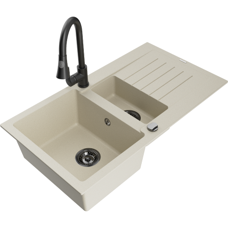Mexen Matias granitový dřez 1,5-komorový s odkapávačem a kuchyňskou baterií Elia, béžový - 6502-69-670101-70