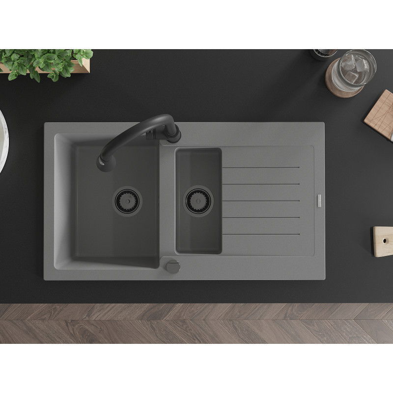Mexen Matias granitový dřez 1,5-komorový s odkapávačem a kuchyňskou baterií Elia, šedý - 6502-71-670101-70-B