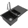 Mexen Matias žulový dřez 1,5-komorový s odkapávačem a kuchyňskou baterií Elia, černý/stříbrný metalík - 6502-73-670101-00