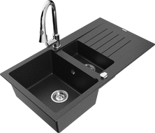 Mexen Matias žulový dřez 1,5-komorový s odkapávačem a kuchyňskou baterií Elia, černý/stříbrný metalík - 6502-73-670101-00