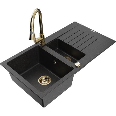 Mexen Matias granitový dřez 1,5-komorový s odkapávačem a kuchyňskou baterií Elia, černý/stříbrný metalik - 6502-73-670101-50
