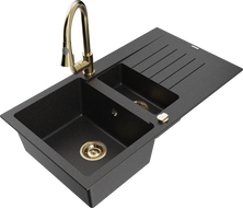 Mexen Matias granitový dřez 1,5-komorový s odkapávačem a kuchyňskou baterií Elia, černý/stříbrný metalik - 6502-73-670101-50