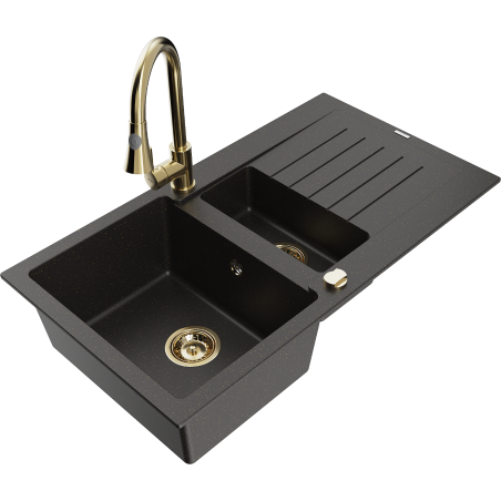 Mexen Matias žulový dřez 1,5-komorový s odkapávačem a kuchyňskou baterií Elia, černá/zlatý metalik - 6502-75-670101-50
