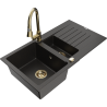 Mexen Matias žulový dřez 1,5-komorový s odkapávačem a kuchyňskou baterií Elia, černá/zlatý metalik - 6502-75-670101-50