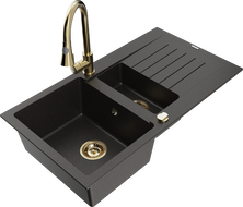 Mexen Matias žulový dřez 1,5-komorový s odkapávačem a kuchyňskou baterií Elia, černá/zlatý metalik - 6502-75-670101-50