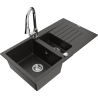 Mexen Matias granitový dřez 1,5komorový s odkapávačem a kuchyňskou baterií Elia, černý/zlatý metalik - 6502-75-670101-00