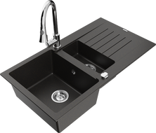 Mexen Matias granitový dřez 1,5komorový s odkapávačem a kuchyňskou baterií Elia, černý/zlatý metalik - 6502-75-670101-00