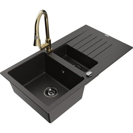Mexen Matias granitový dřez 1,5-komorový s odkapávačem a kuchyňskou baterií Elia, černý/zlatý metalík - 6502-75-670101-50-B