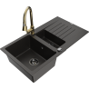 Mexen Matias granitový dřez 1,5-komorový s odkapávačem a kuchyňskou baterií Elia, černý/zlatý metalík - 6502-75-670101-50-B