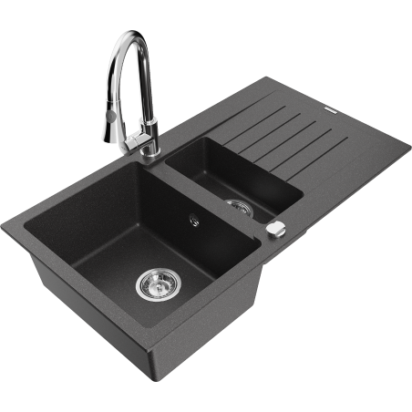 Mexen Matias žulový dřez 1,5-komorový s odkapávačem a kuchyňskou baterií Elia, černý s tečkováním - 6502-76-670101-00