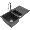 Mexen Matias žulový dřez 1,5-komorový s odkapávačem a kuchyňskou baterií Elia, černý s tečkováním - 6502-76-670101-00