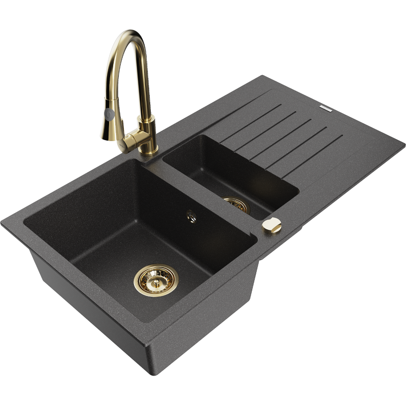 Mexen Matias granitový dřez 1,5-komorový s odkapávačem a kuchyňskou baterií Elia, černý tečkovaný - 6502-76-670101-50