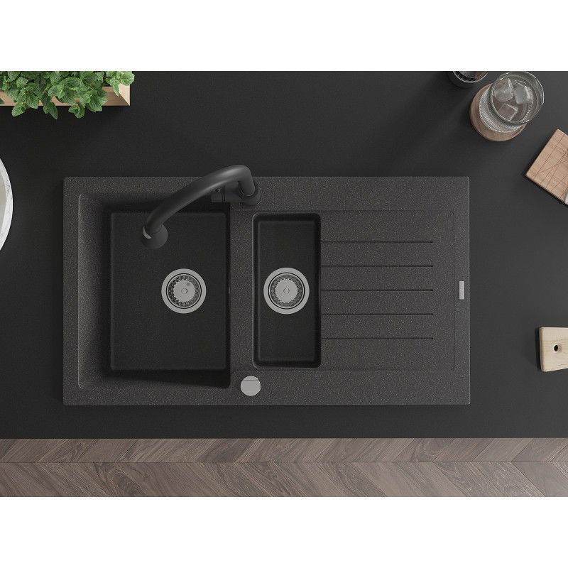 Mexen Matias granitový dřez 1,5-komorový s odkapávačem a kuchyňskou baterií Elia, černý skvrnitý - 6502-76-670101-70