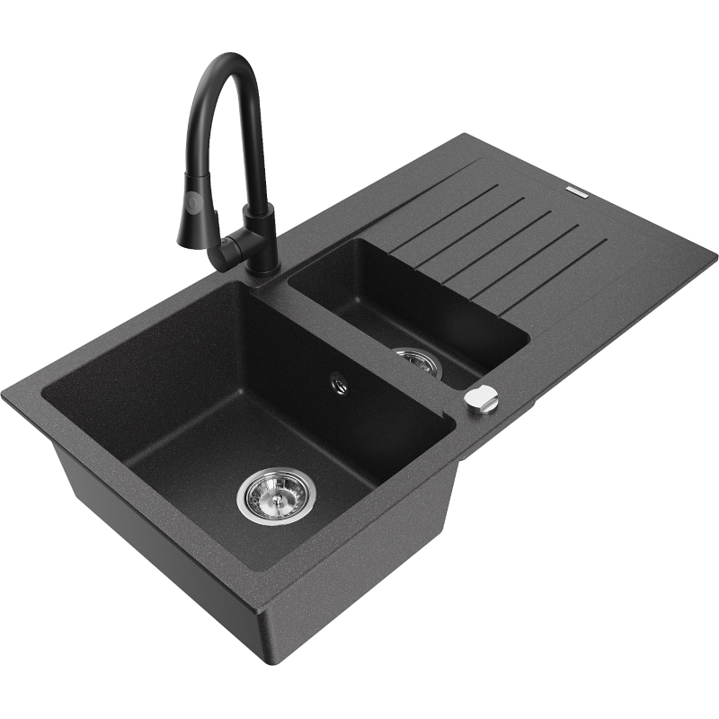 Mexen Matias granitový dřez 1,5-komorový s odkapávačem a kuchyňskou baterií Elia, černý skvrnitý - 6502-76-670101-70