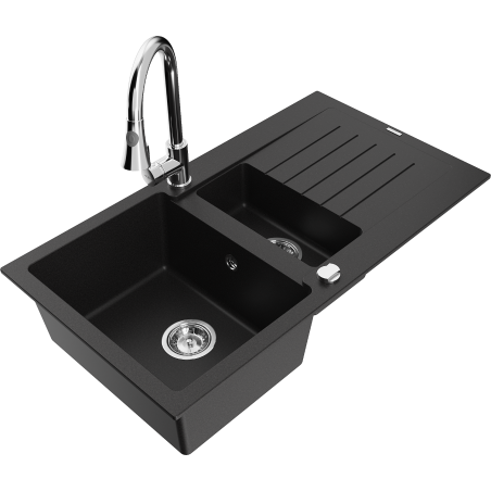 Mexen Matias granitový dřez 1,5 komorový s odkapávačem a kuchyňskou baterií Elia, černý - 6502-77-670101-00