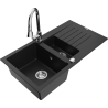 Mexen Matias granitový dřez 1,5 komorový s odkapávačem a kuchyňskou baterií Elia, černý - 6502-77-670101-00